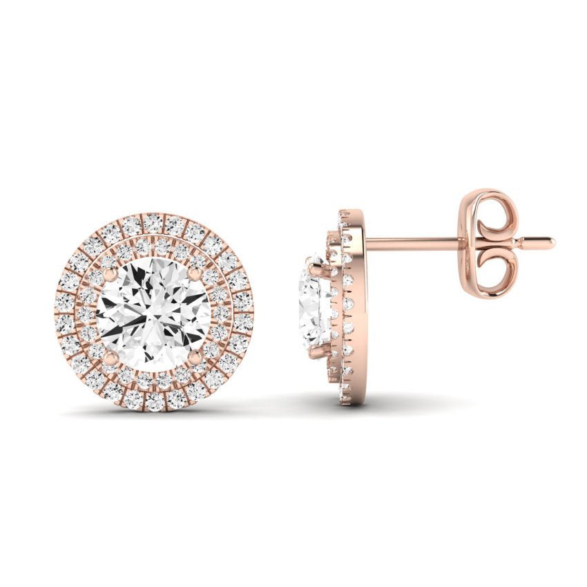 Cerise Round Cut Moissanite Halo Stud Earrings rosegold