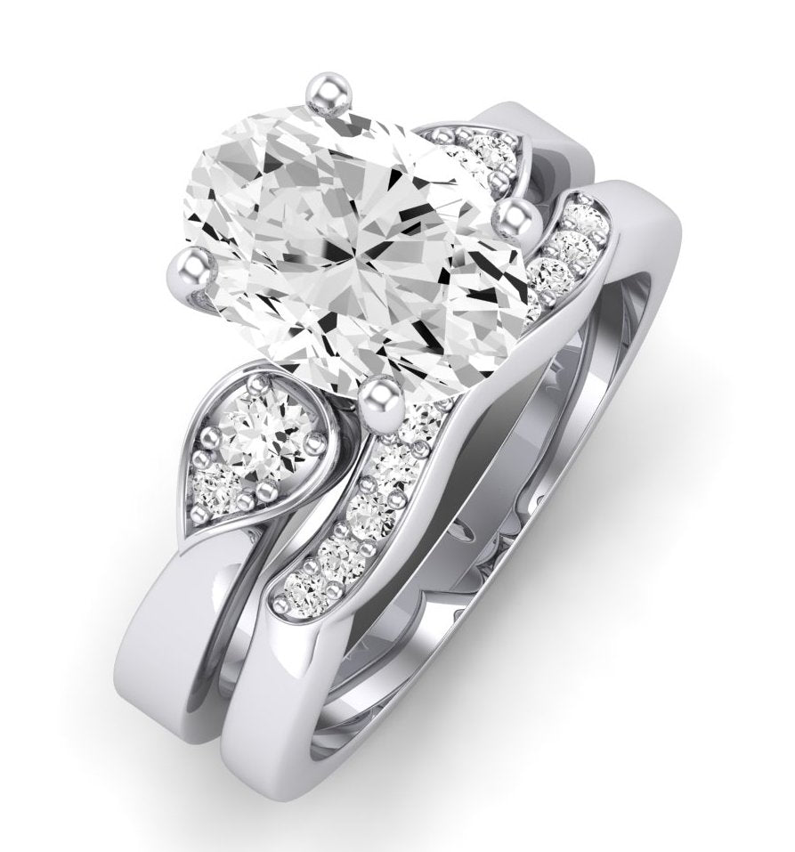 Hibiscus Moissanite Matching Band Only (does Not Include Engagement Ring) For Ring With Oval Center whitegold