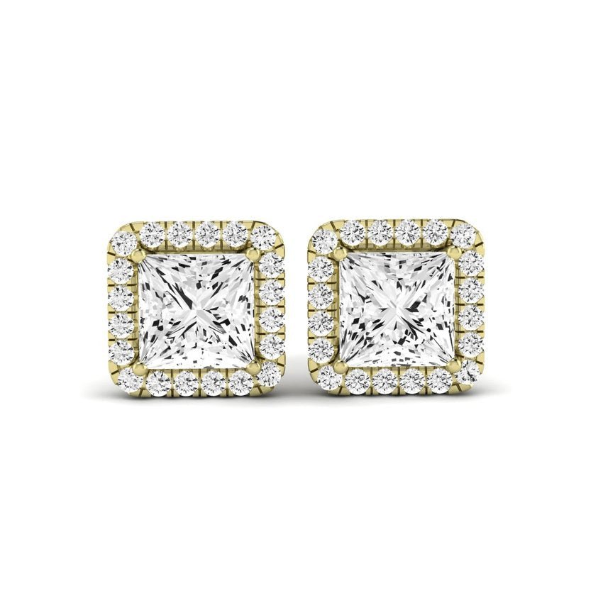 Meadow Princess Cut Moissanite Halo Stud Earrings yellowgold
