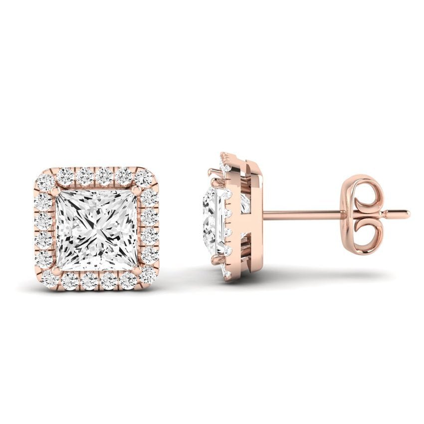 Meadow Princess Cut Moissanite Halo Stud Earrings rosegold