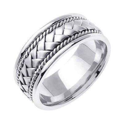 8.5mm Braided Center Rope Accent Handmade Men's Wedding Band 14k White Gold - BeverlyDiamonds