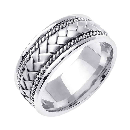 8.5mm Braided Center Rope Accent Handmade Men's Wedding Band 14k White Gold - BeverlyDiamonds