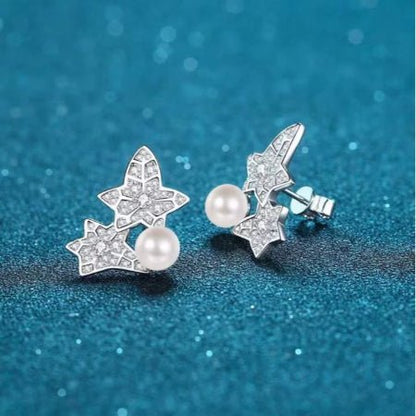 Ariel Round Leaf Pearl &  Diamond Stud Earrings whitegold
