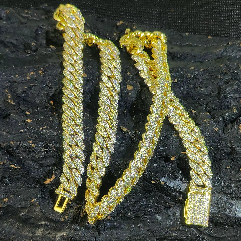 15ct TCW Iced Out Diamond Cuban Link Chain Necklace (14K Yellow Gold)