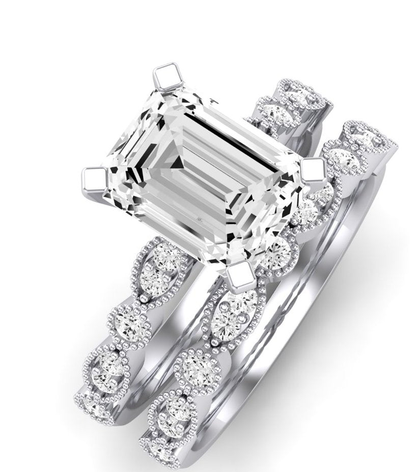 Marigold Moissanite Matching Band Only (does Not Include Engagement Ring) For Ring With Emerald Center whitegold