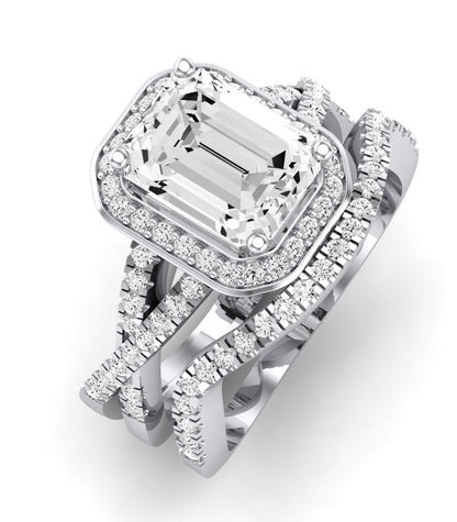 Moonflower Moissanite Matching Band Only ( Engagement Ring Not Included) For Ring With Emerald Center whitegold